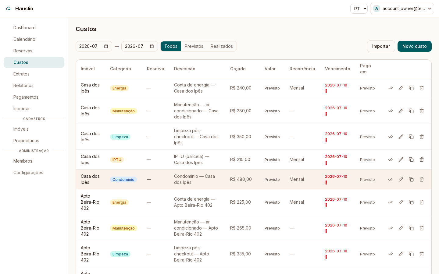 Hauslio costs screen with recurring entries per property